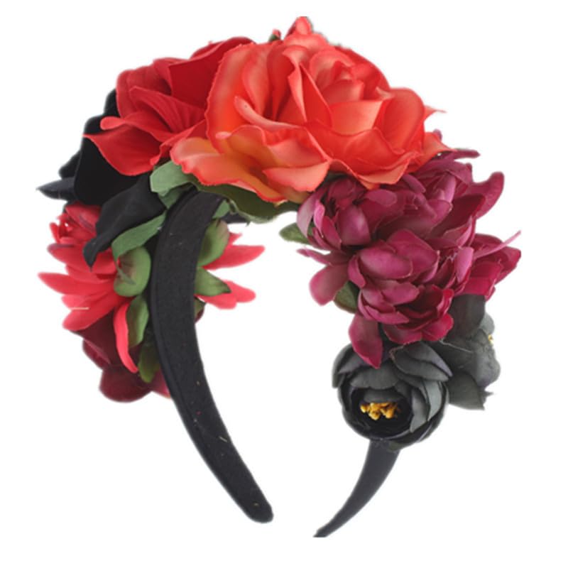 June Bloomy Day of the Dead Headpiece Halloween Costume Headpiece Mexican Floral Crown Rose Headband (Black Red Orange) - Image 5